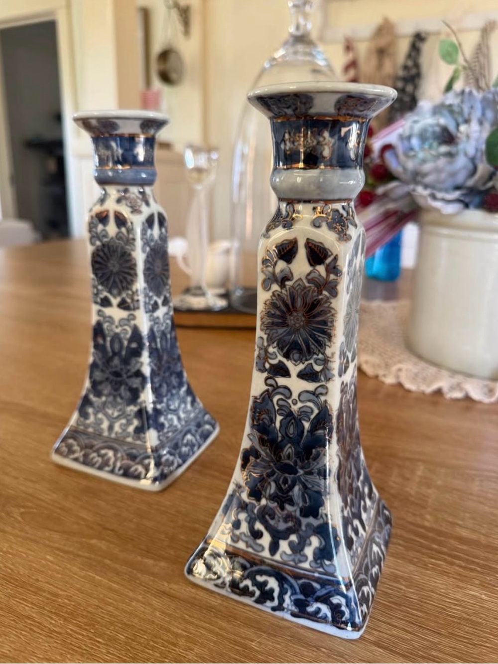 Blue and White Floral Candlestick Pair